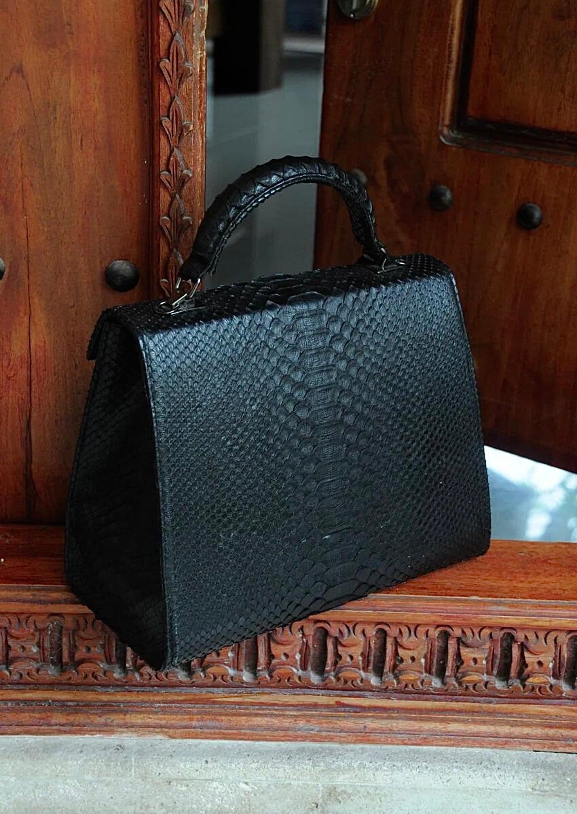 Top handle black classy genuine python skin big bag