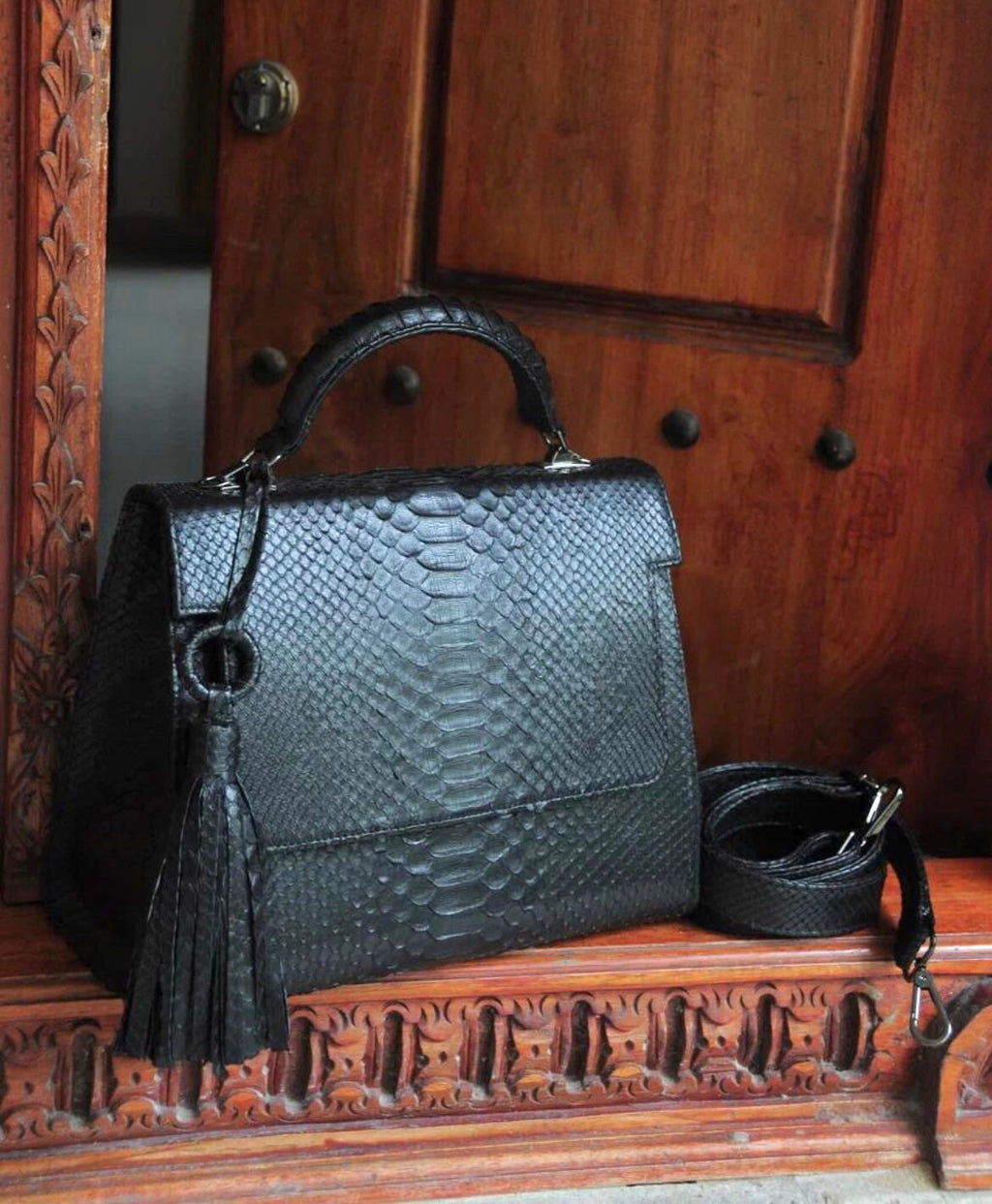 Genuine Python Skin Top Handle Big Bag — Black