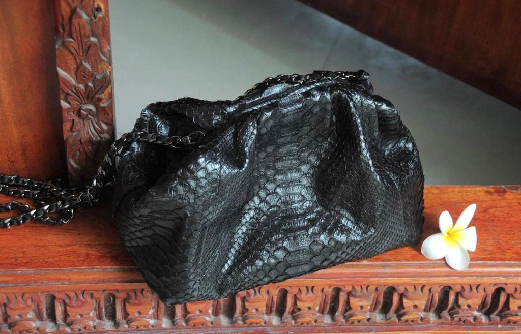 Genuine Python Skin Pouch Bag — Black Small