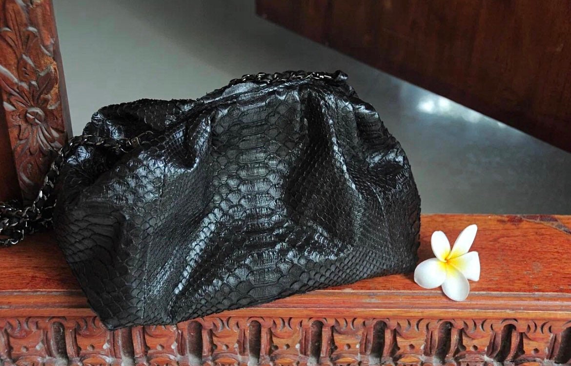 Genuine Python Skin Pouch Bag — Black Small