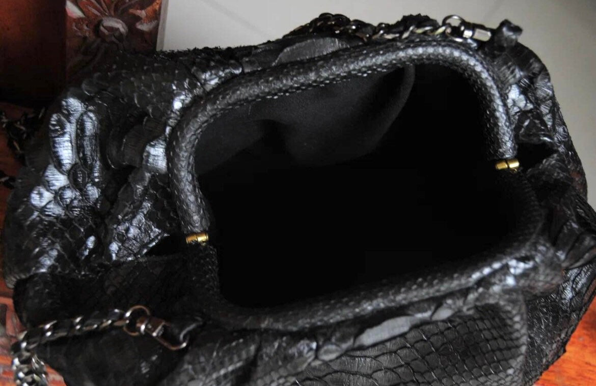 Genuine Python Skin Pouch Bag — Black Small