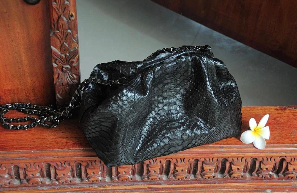 Genuine Python Skin Pouch Bag — Black Small
