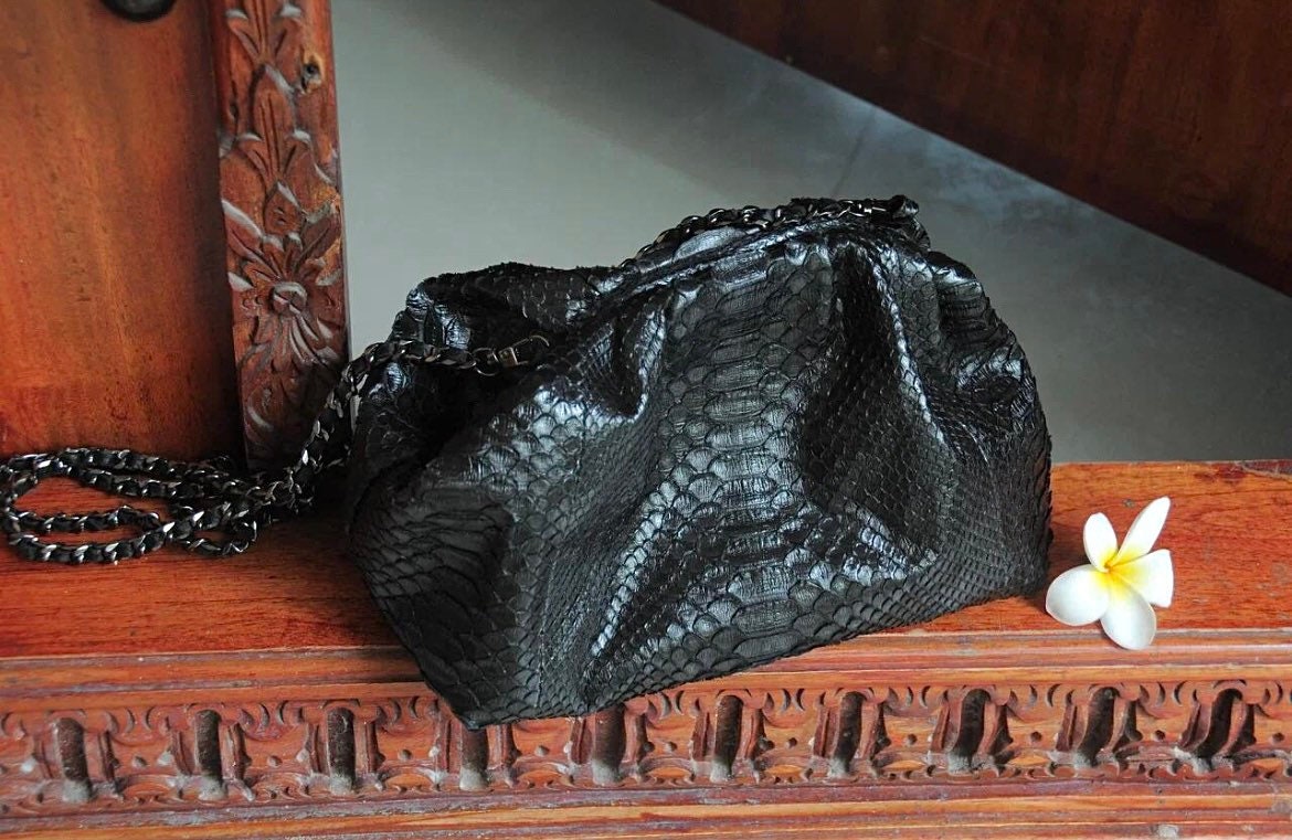 Genuine Python Skin Pouch Bag — Black Small