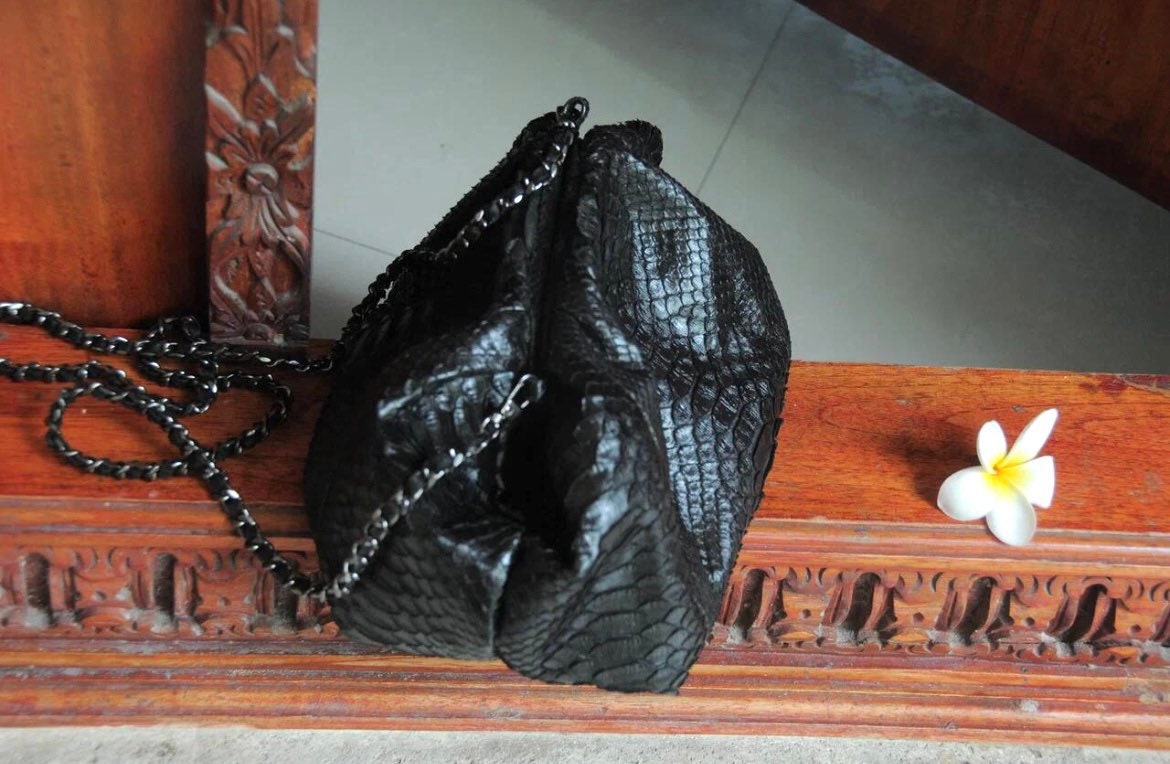 Genuine Python Skin Pouch Bag — Black Small