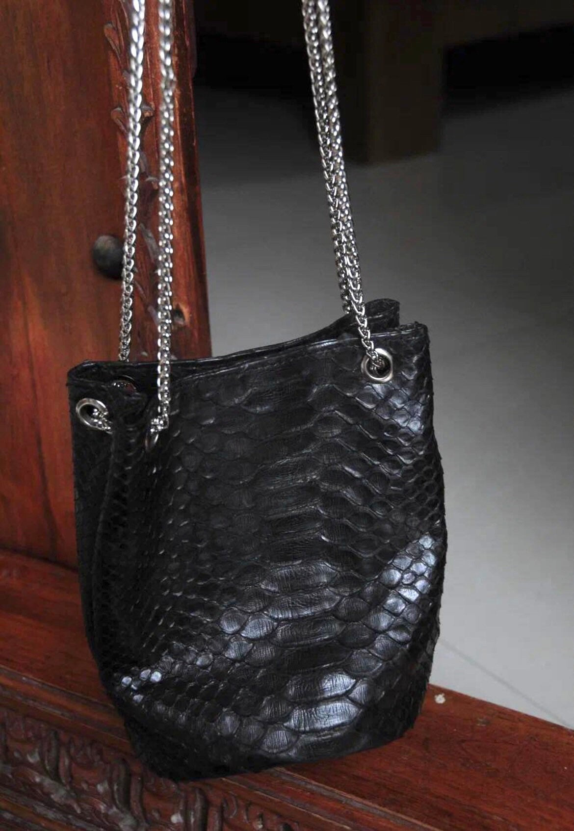 Genuine Python Skin Bucket Bag — Black