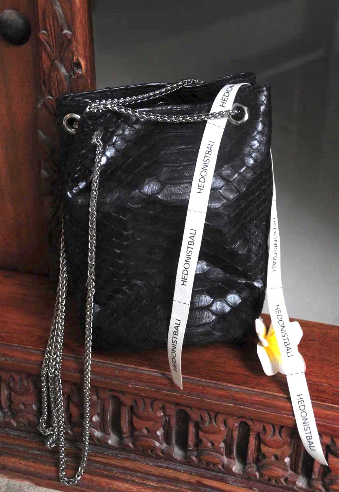 Genuine Python Skin Bucket Bag — Black