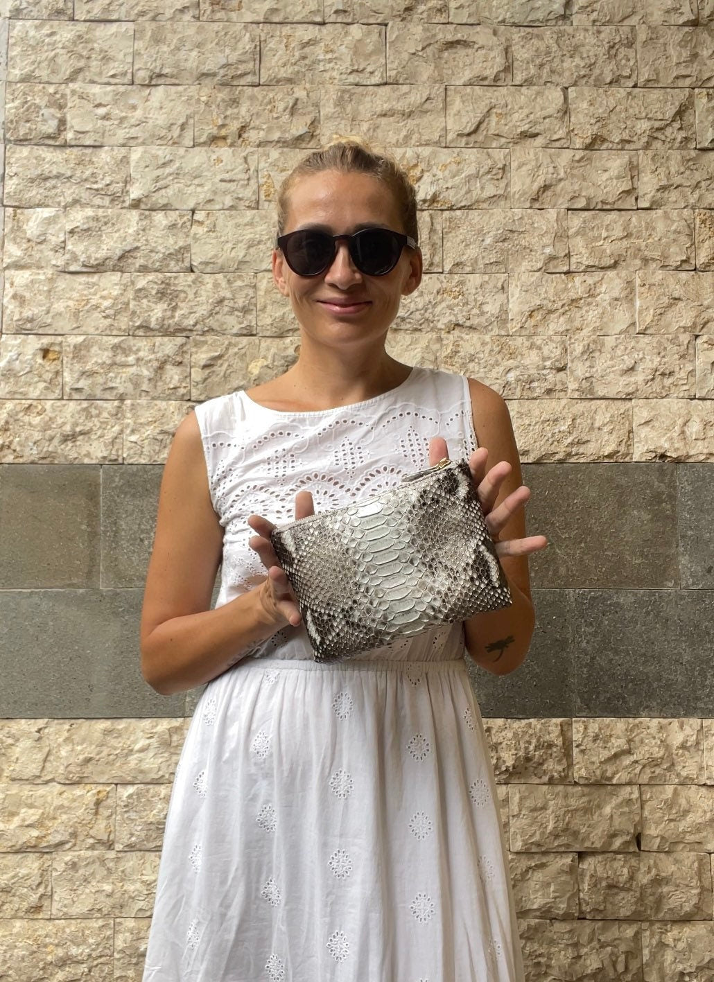 Genuine Python Skin Cosmetic Bag — Grey