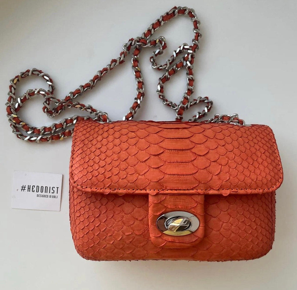 Genuine Python Skin Mini Chain Bag — Orange