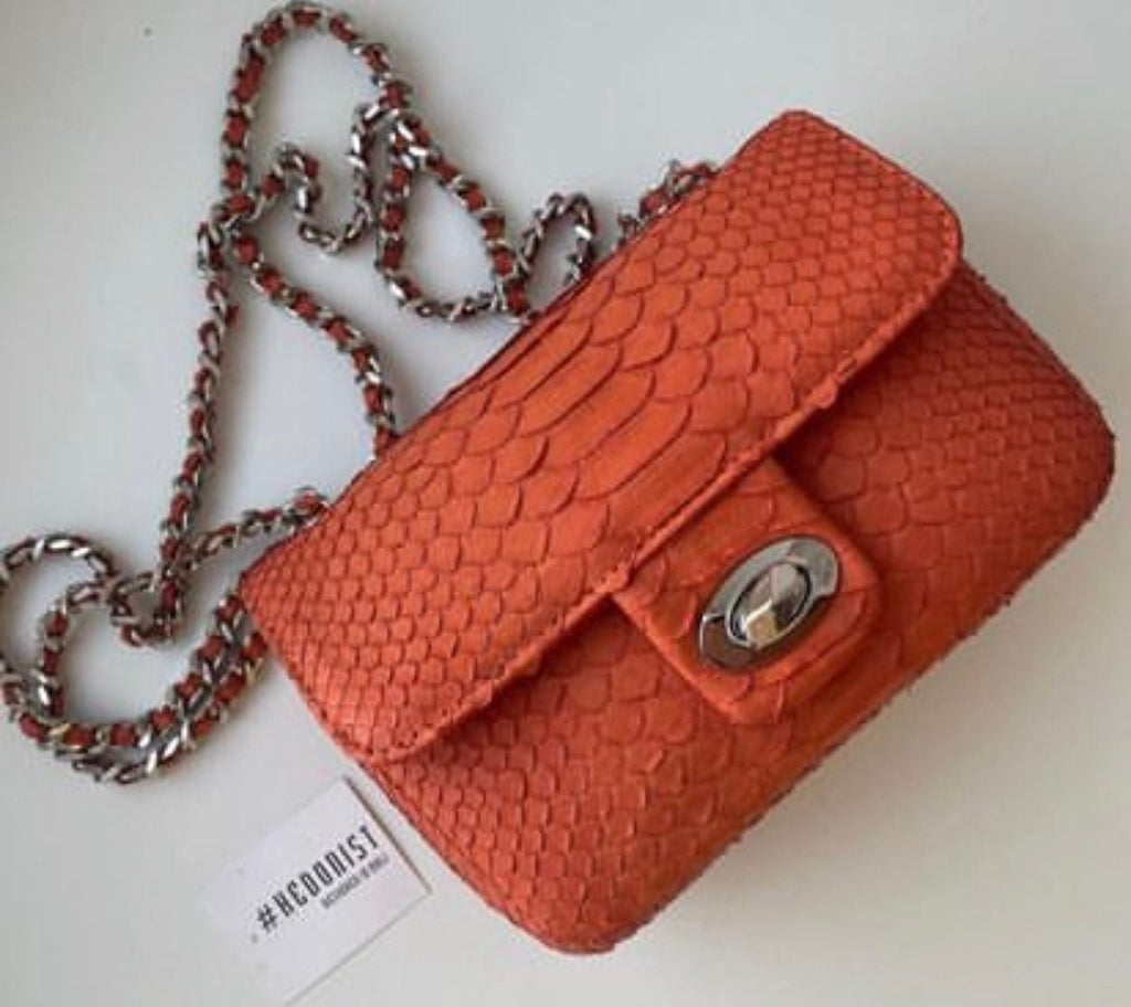 Genuine Python Skin Mini Chain Bag — Orange