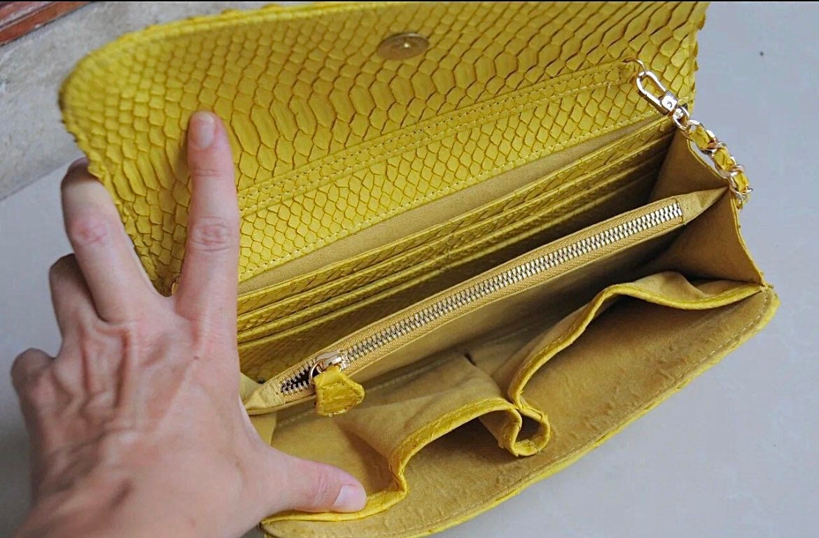 Genuine python skin classy yellow flat clutch with shoulder chain