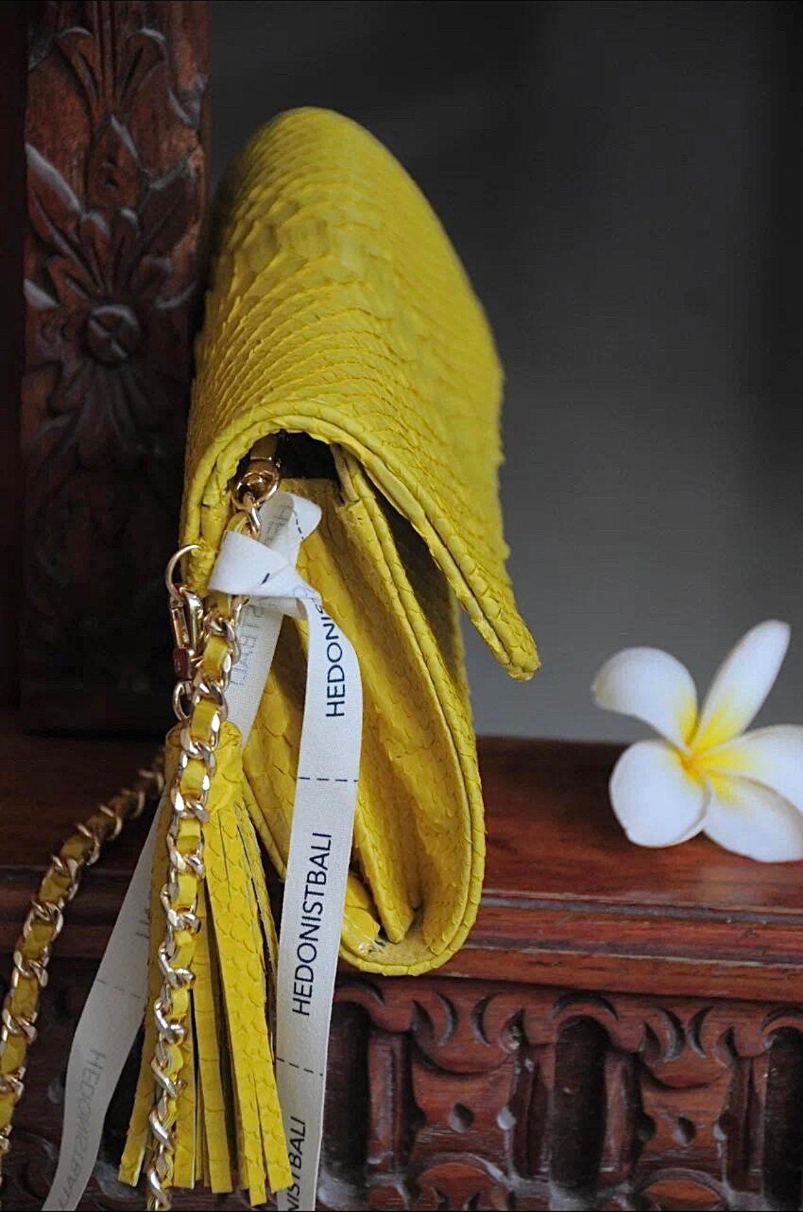 Genuine python skin classy yellow flat clutch with shoulder chain