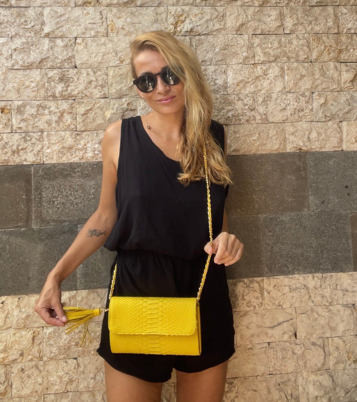 Genuine Python Skin Flat Clutch with Chain — Yellow