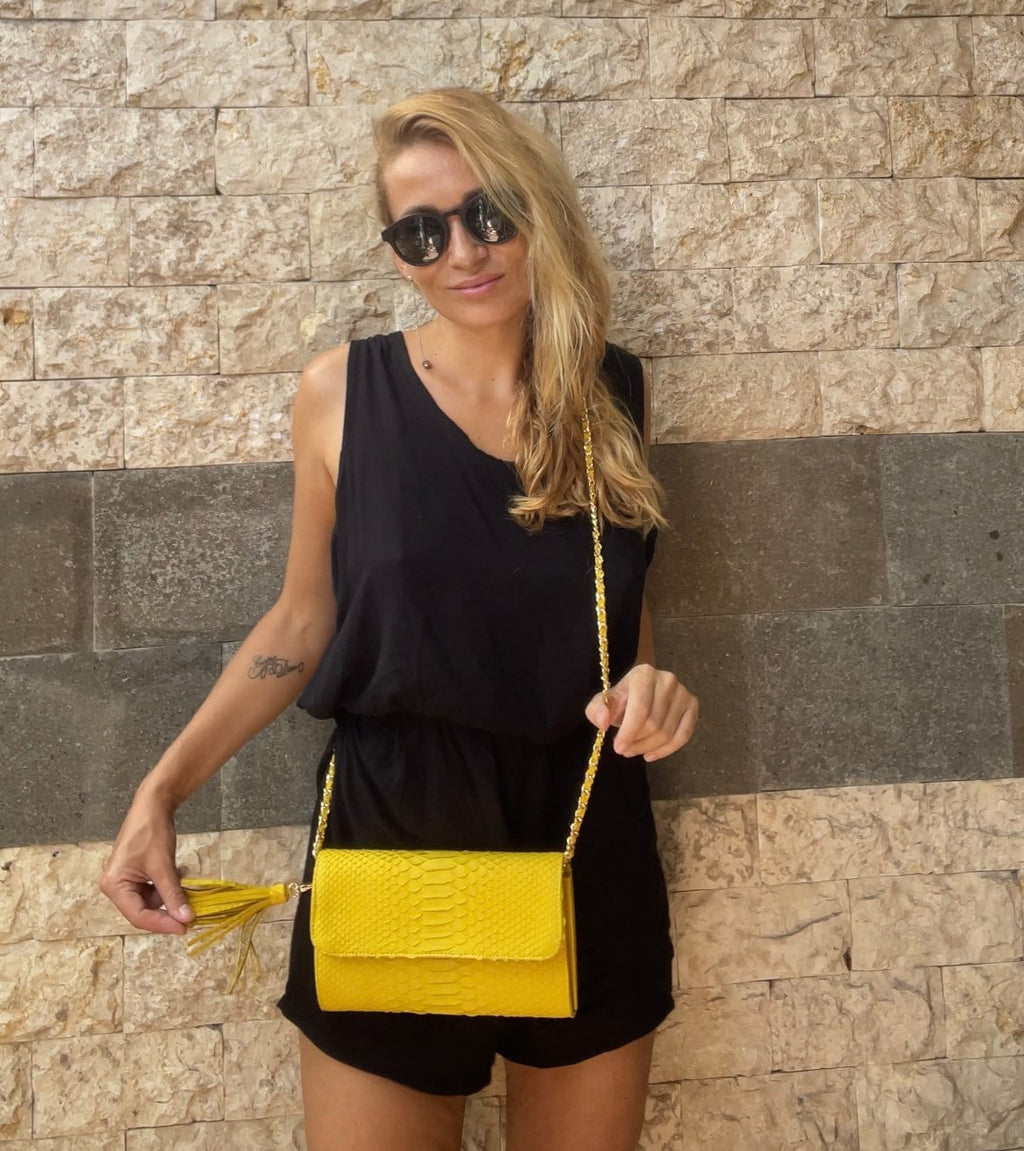 Genuine python skin classy yellow flat clutch with shoulder chain