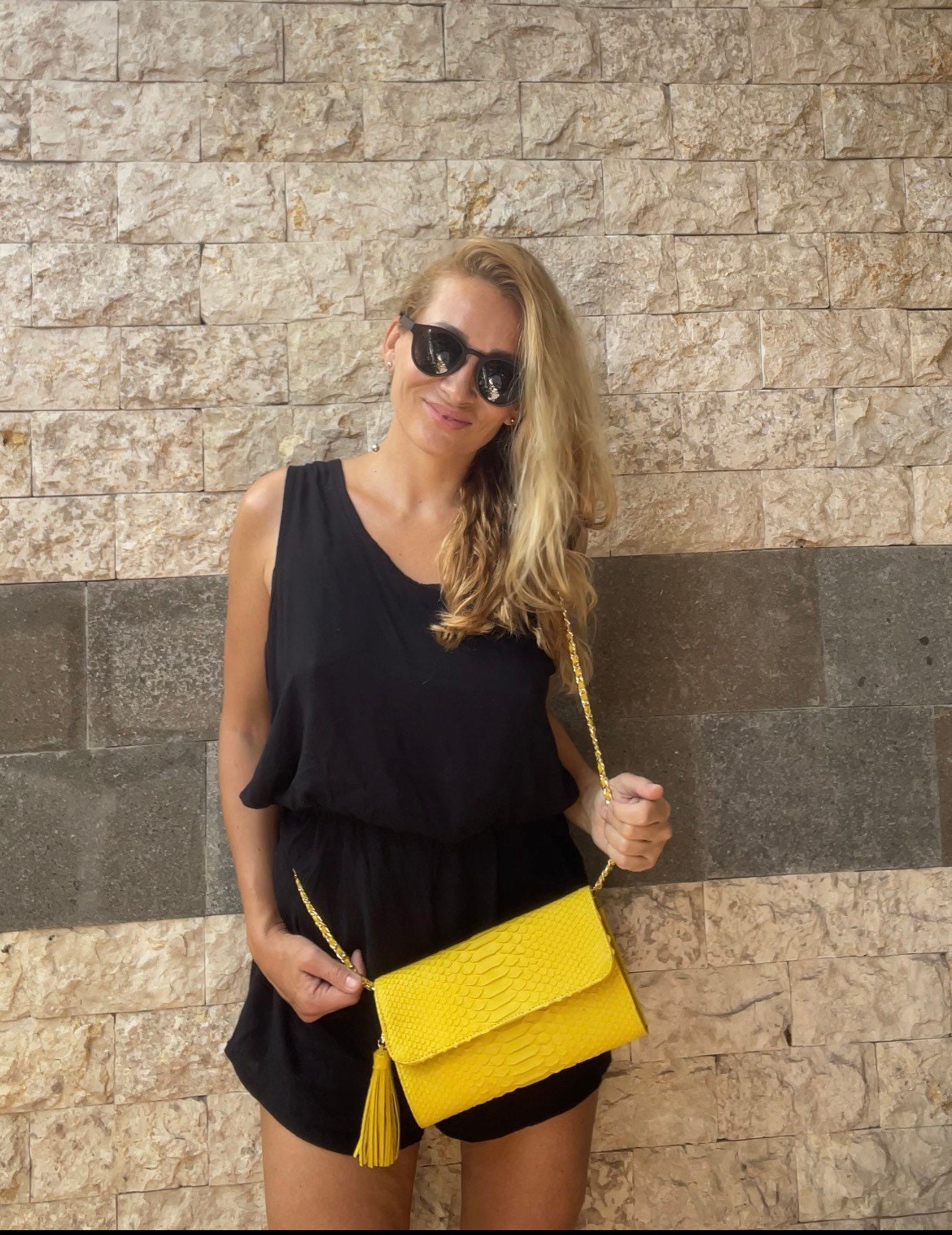 Genuine python skin classy yellow flat clutch with shoulder chain