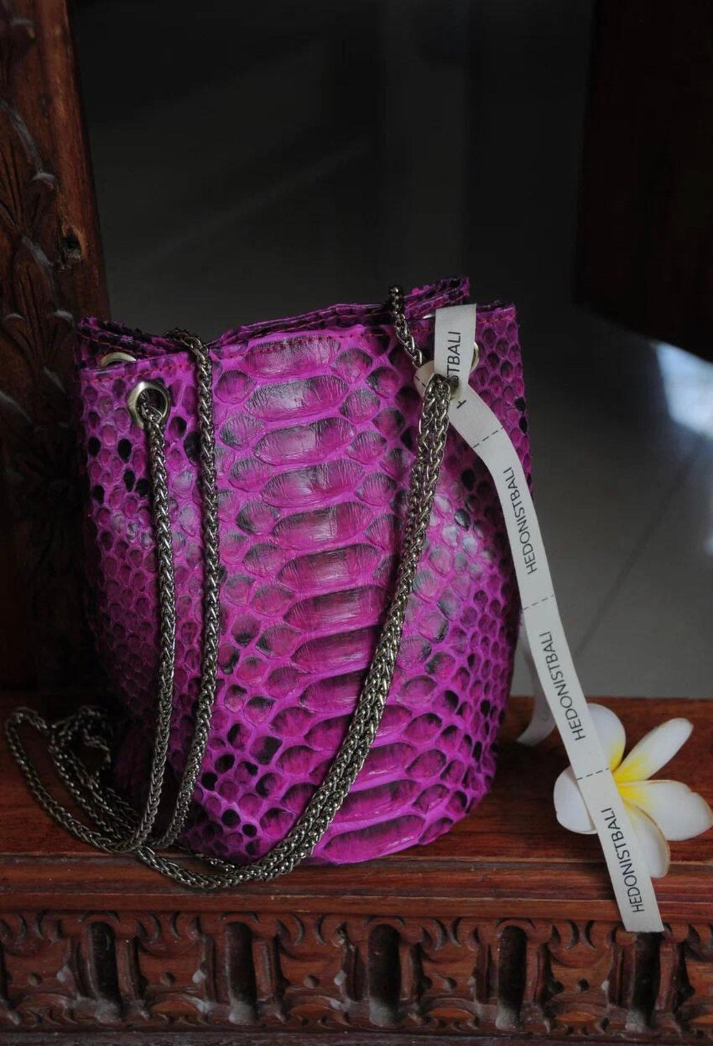 Genuine Python Skin Bucket Bag — Fuchsia