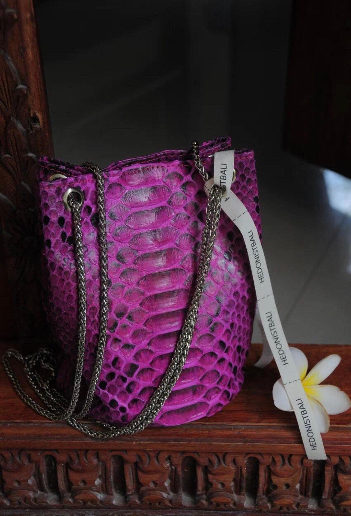 Genuine Python Skin Bucket Bag — Fuchsia