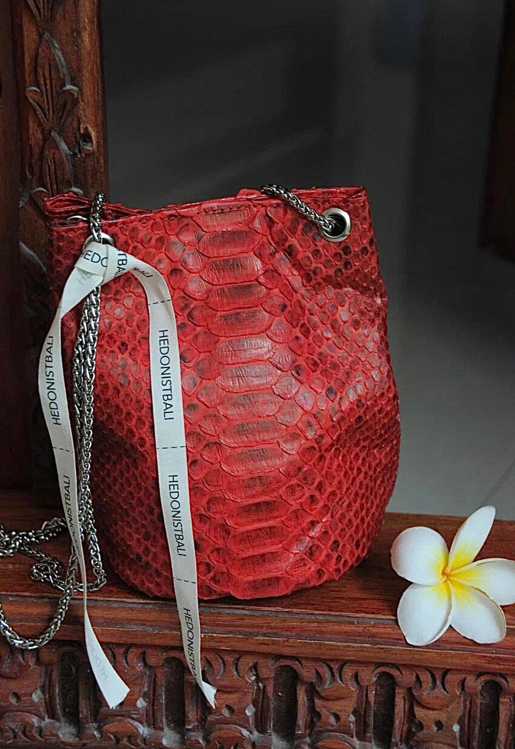 Genuine Python Skin Bucket Bag — Red