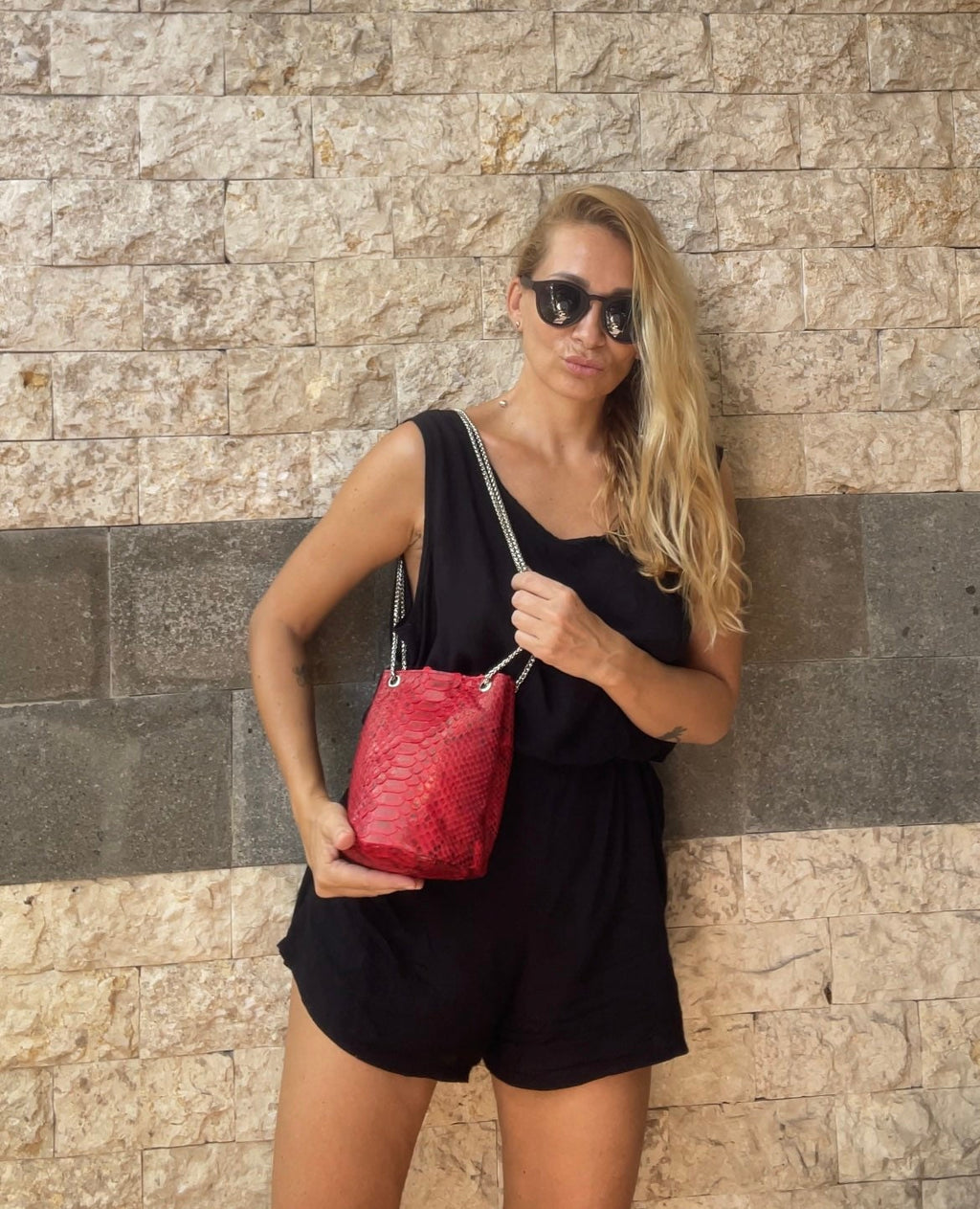 Genuine Python Skin Bucket Bag — Red