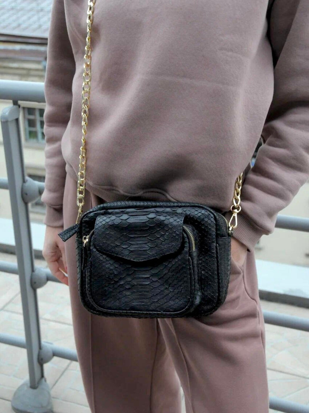 Genuine Python Skin Sport Crossbody Bag with Pocket