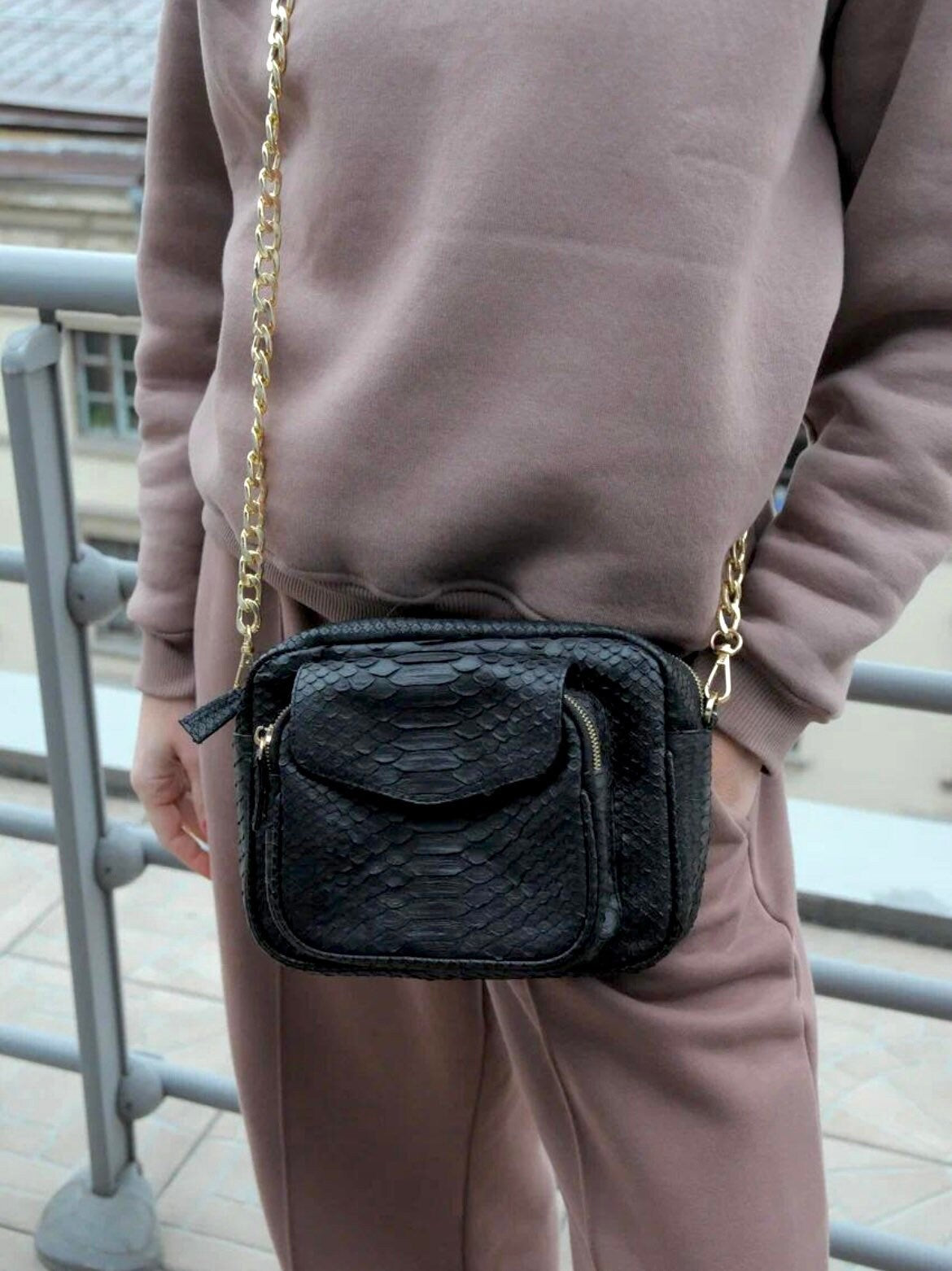 Genuine Python Skin Sport Crossbody Bag with Pocket