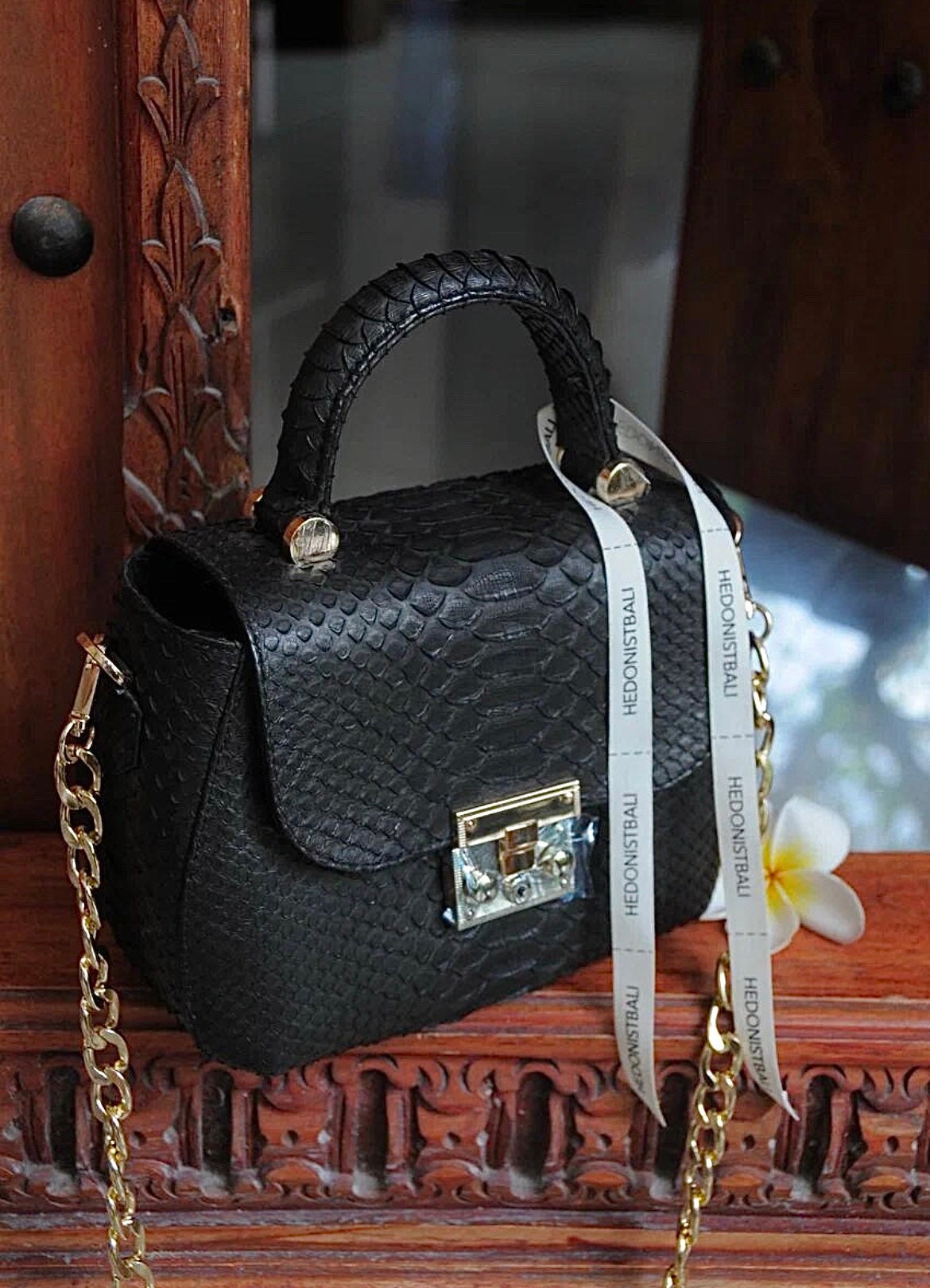 Genuine Python Skin Top Handle Bag — Black