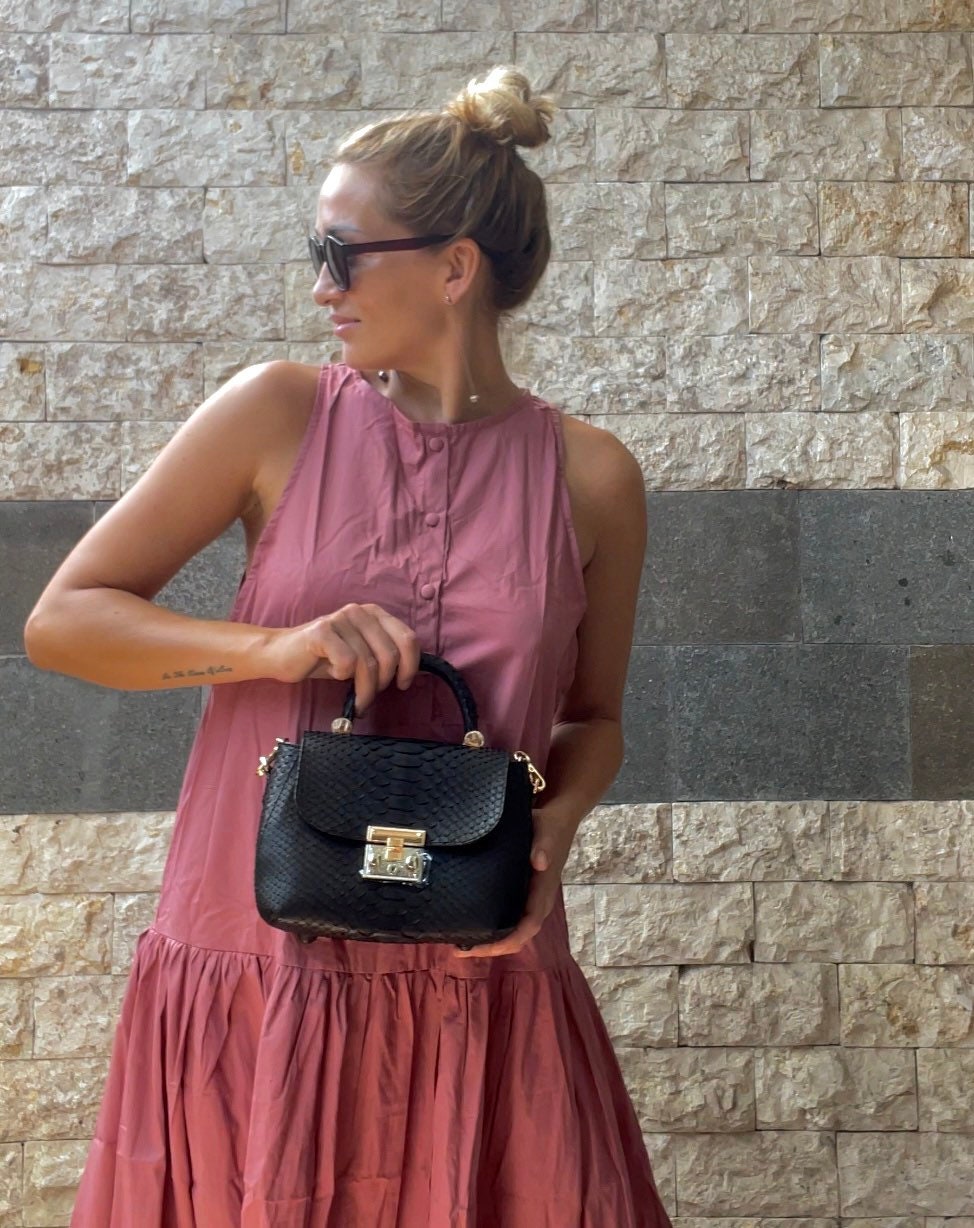 Genuine Python Skin Top Handle Bag — Black