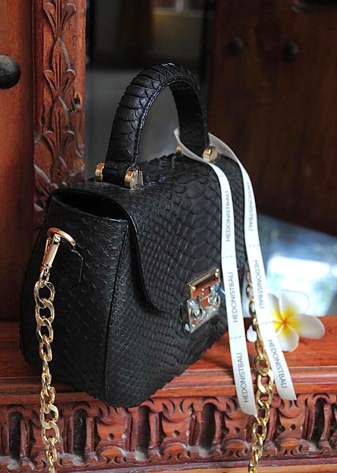 Genuine Python Skin Top Handle Bag — Black