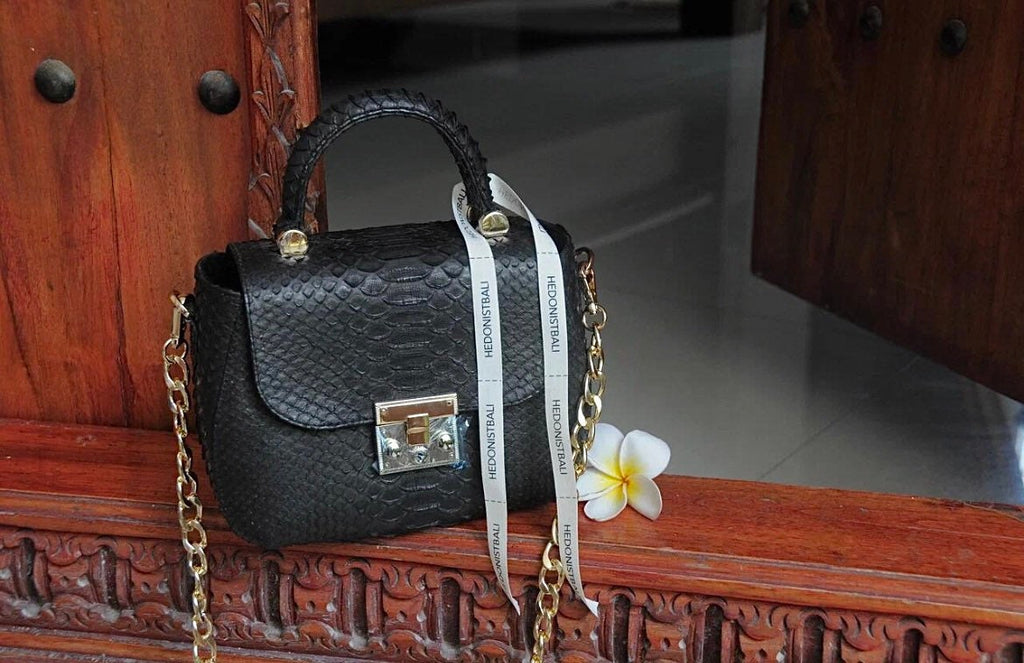 Genuine Python Skin Top Handle Bag — Black
