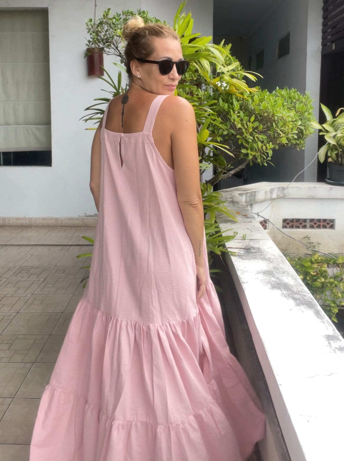 Linen loose light pink summer feminine dress / comfort women vacation summer long oversize dress