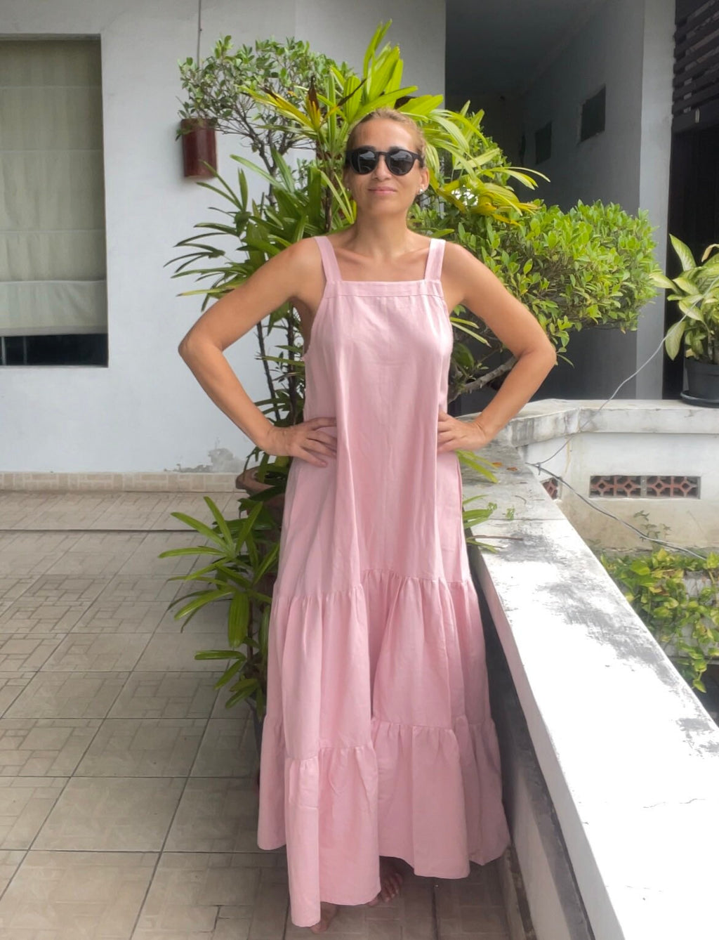 Linen loose light pink summer feminine dress / comfort women vacation summer long oversize dress