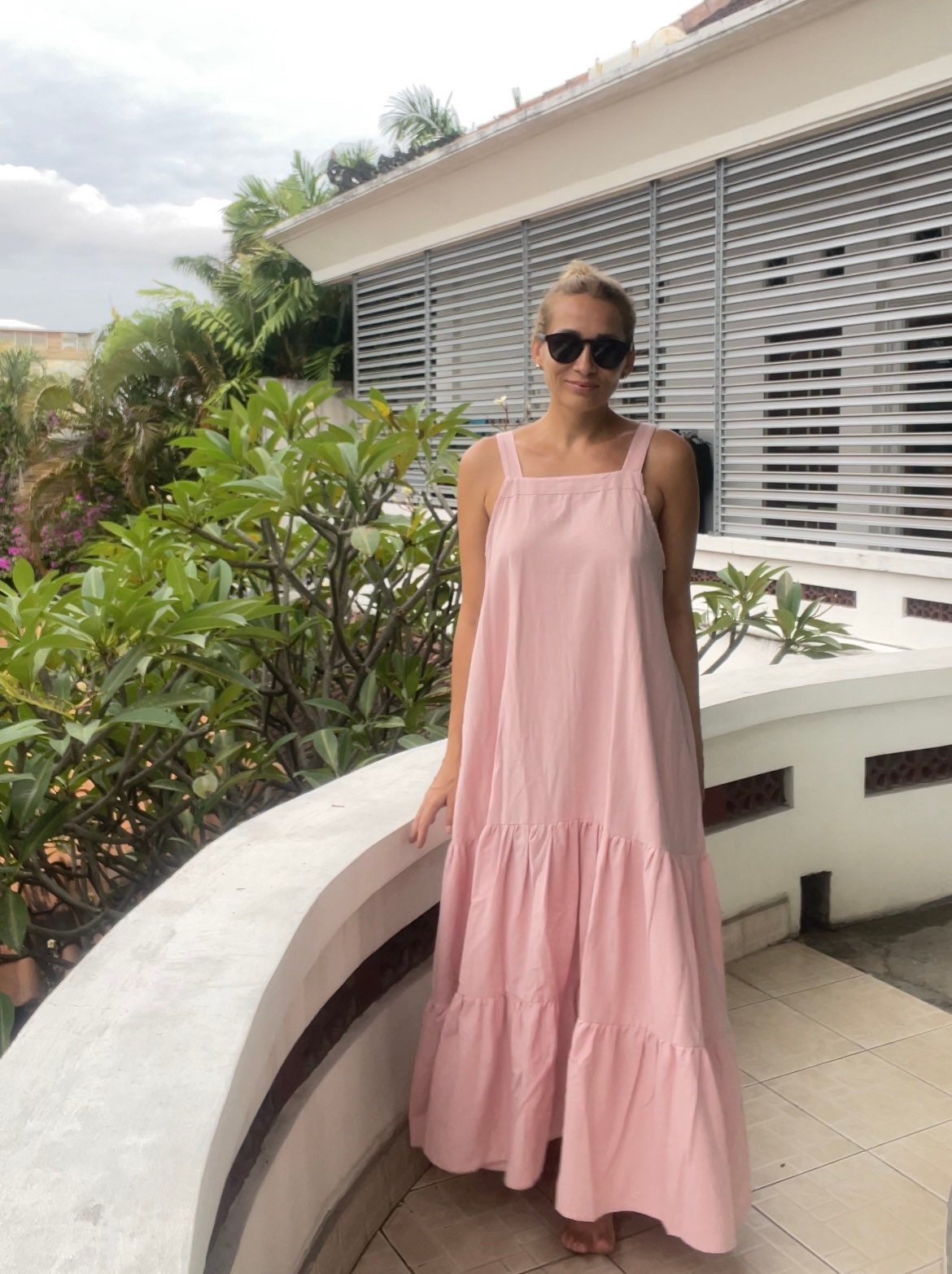 Linen loose light pink summer feminine dress / comfort women vacation summer long oversize dress | light pink designer dress