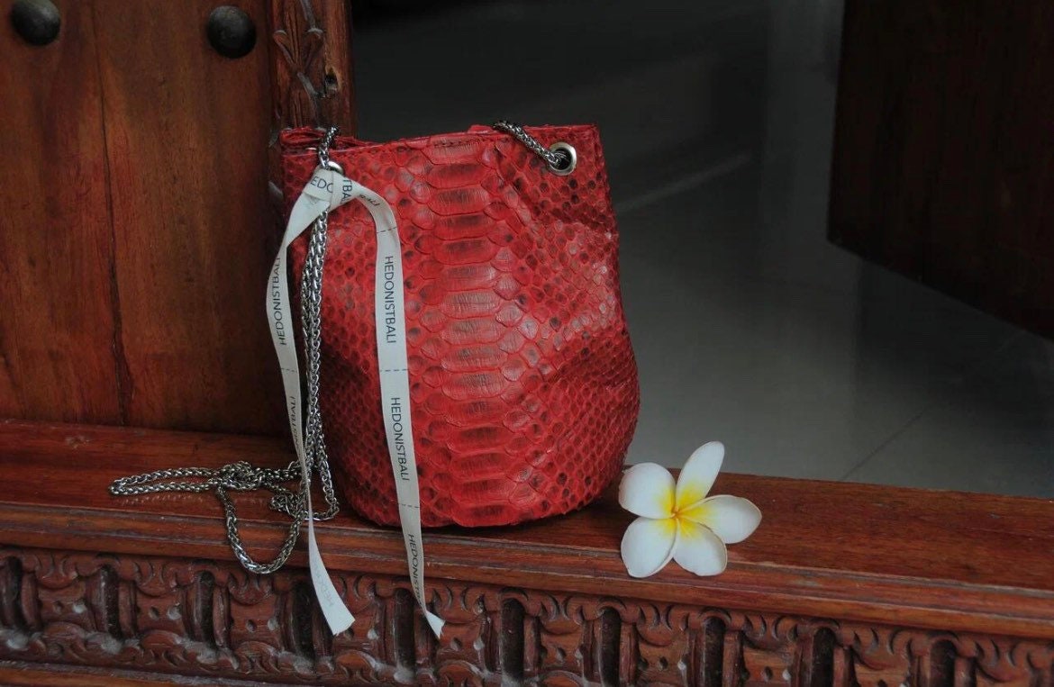 Genuine Python Skin Bucket Bag — Red
