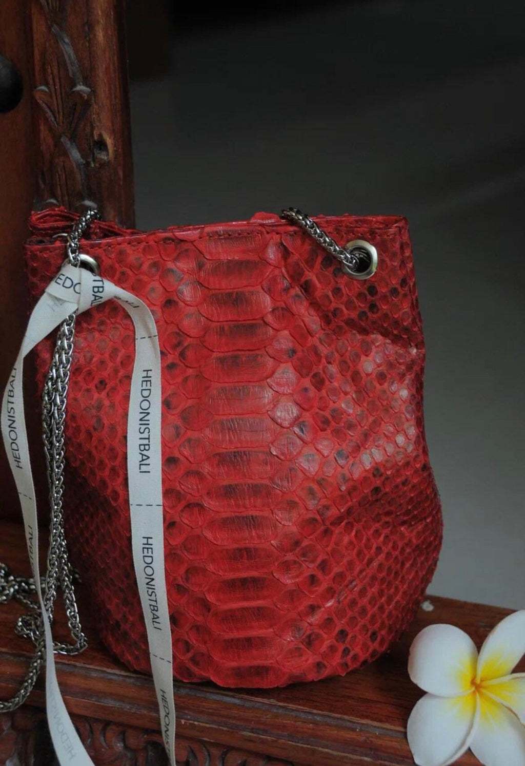 Genuine Python Skin Bucket Bag — Red