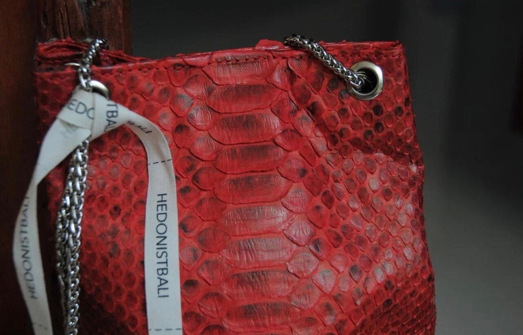 Genuine Python Skin Bucket Bag — Red