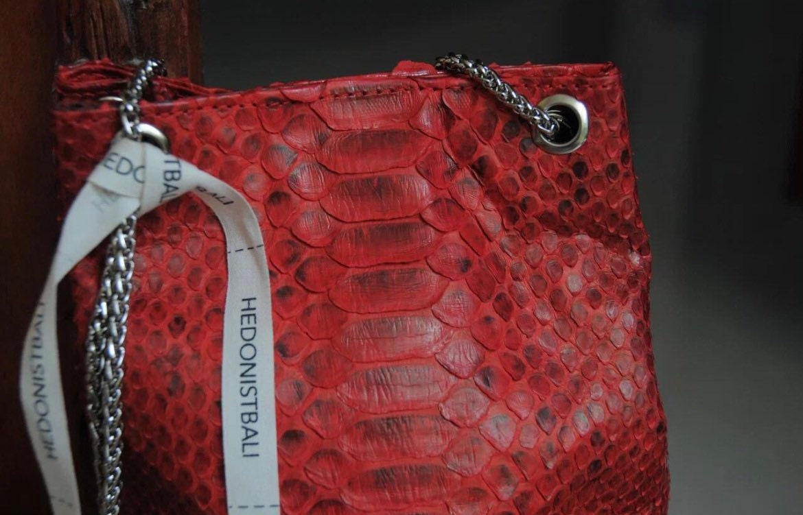 Genuine Python Skin Bucket Bag — Red
