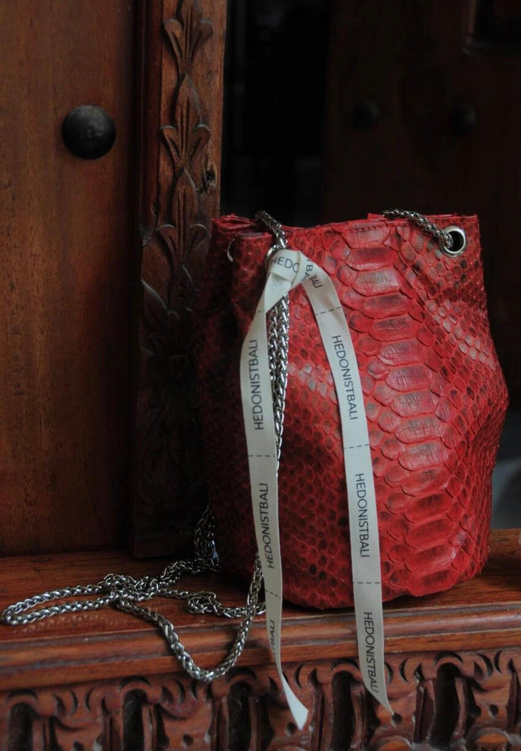 Genuine Python Skin Bucket Bag — Red