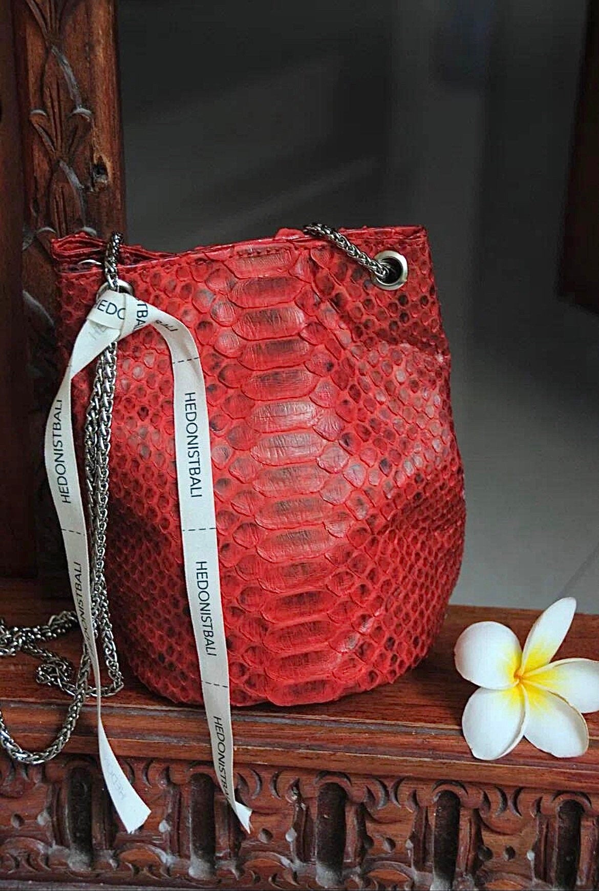 Genuine Python Skin Bucket Bag — Red