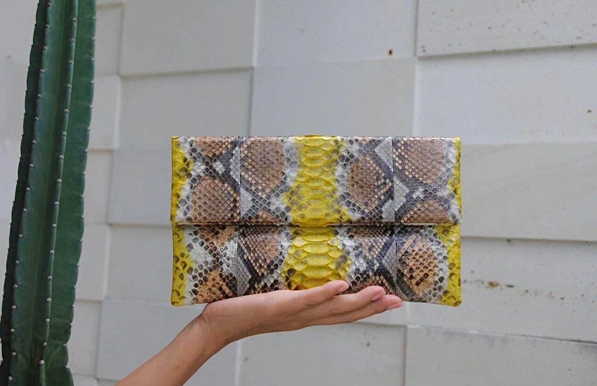 Genuine Python Skin Envelope Clutch — Yellow & Brown