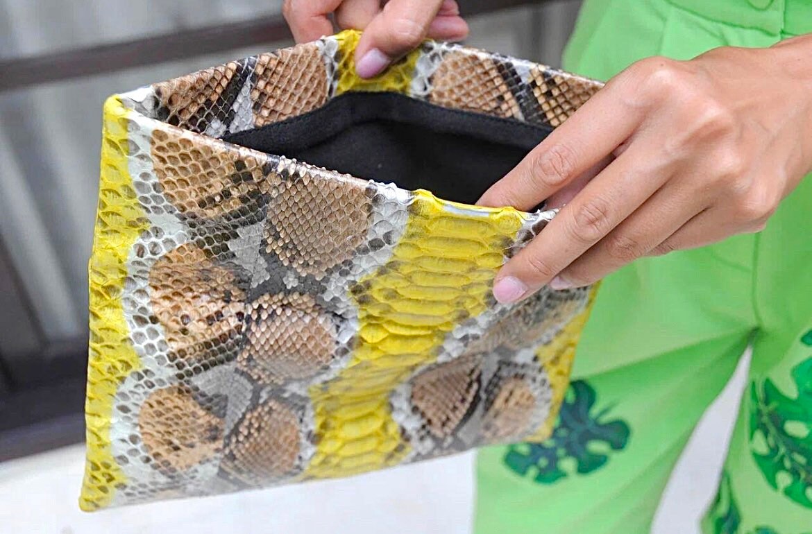 Genuine python skin yellow and brown handmade clutch, classy elegant leather envelope bag, purse, flat snake leather clutch,small clutch — Red