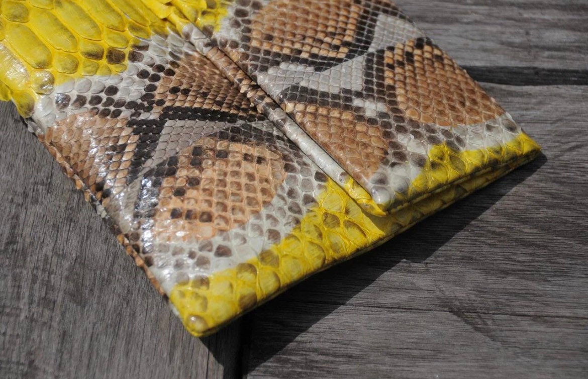 Genuine Python Skin Envelope Clutch — Yellow & Brown