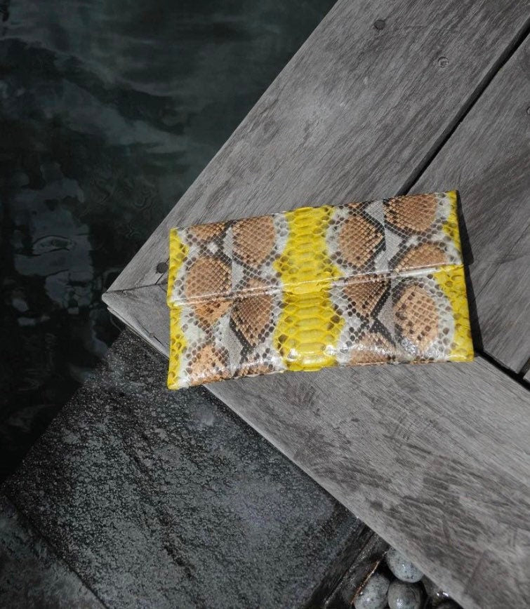 Genuine Python Skin Envelope Clutch — Yellow & Brown