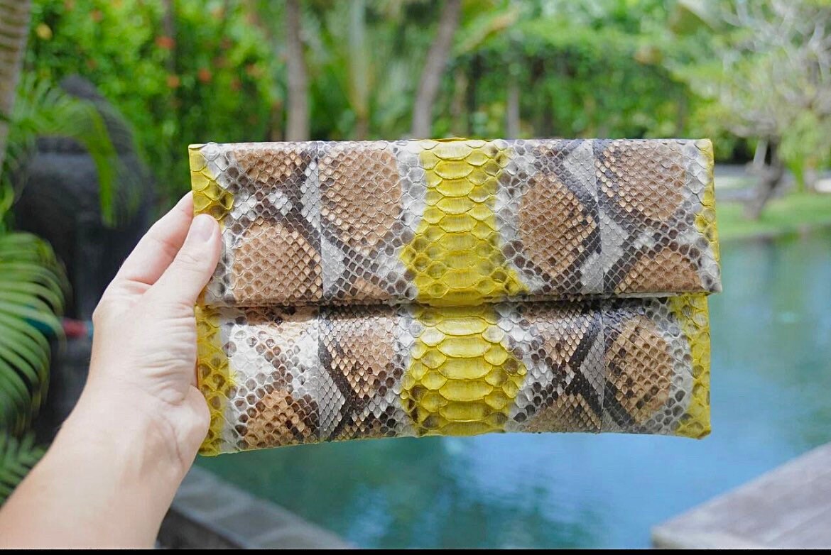 Genuine Python Skin Envelope Clutch — Yellow & Brown