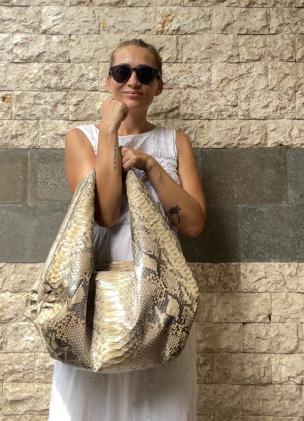 Big Soft Hobo Classy Sport Woman Bag | Purse Genuine Python Skin | Python Skin Products | Beige Big Elegant Leather Designer Soft Bag Snake