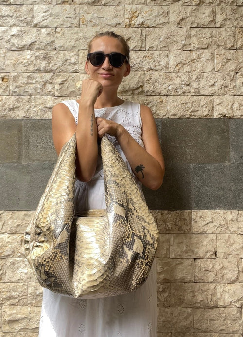 Big Soft Hobo Python Skin Bag — Beige