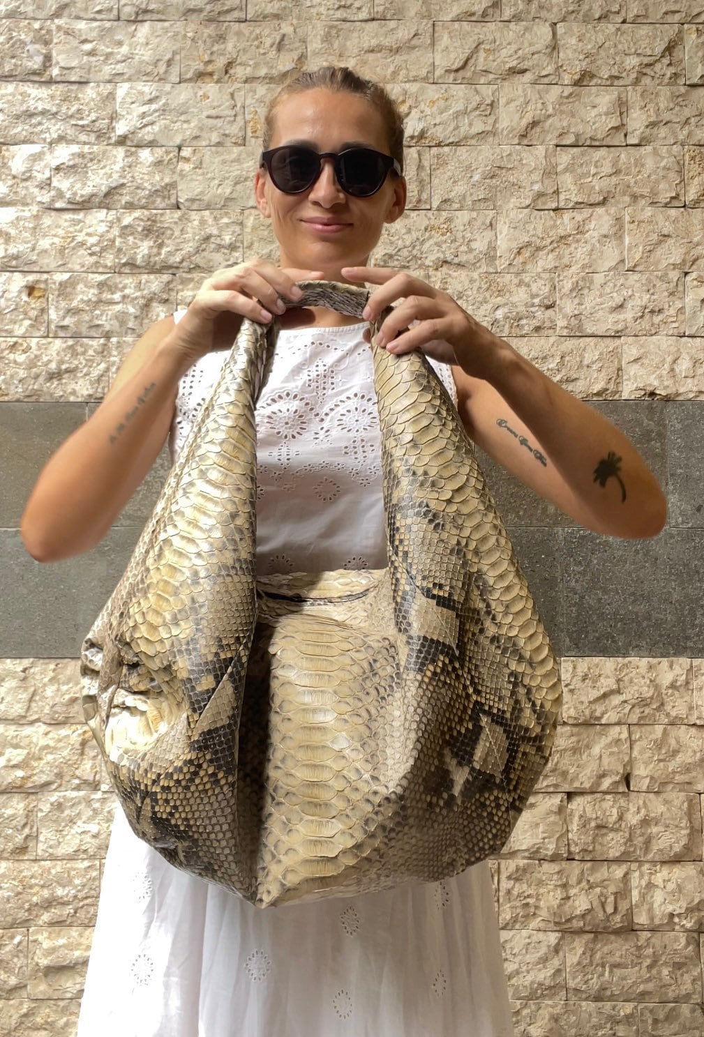 Big Soft Hobo Classy Sport Woman Bag | Purse Genuine Python Skin | Python Skin Products | Beige Big Elegant Leather Designer Soft Bag Snake