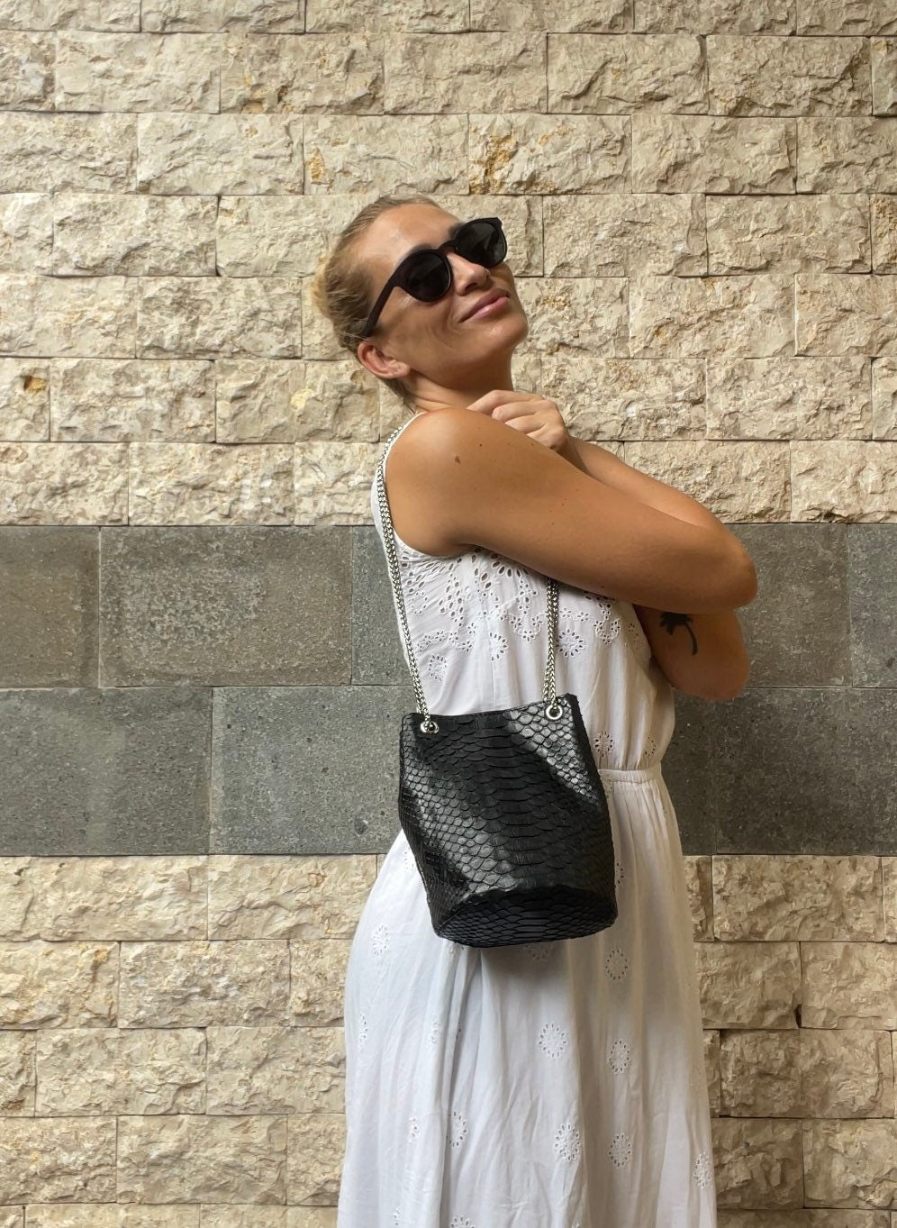 Genuine Python Skin Bucket Bag — Black