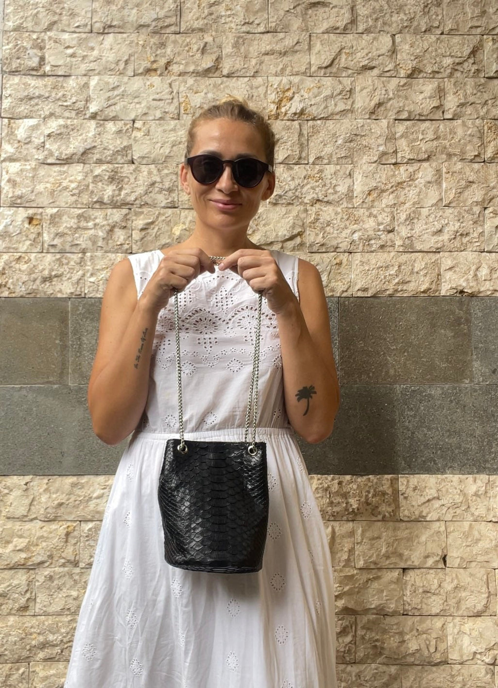 Genuine Python Skin Bucket Bag — Black