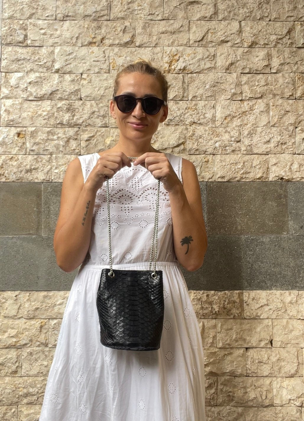 Genuine Python Skin Bucket Bag — Black