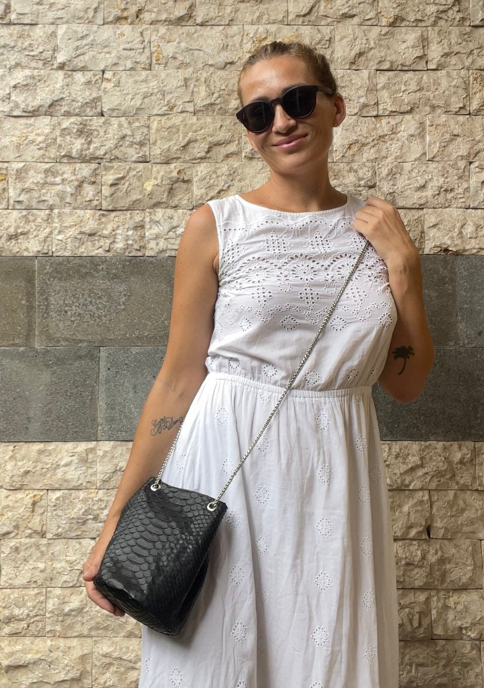 Genuine Python Skin Bucket Bag — Black