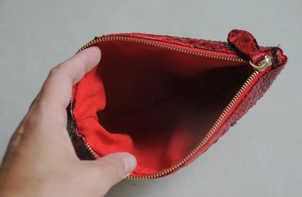 Genuine Python Skin Cosmetic Bag — Red